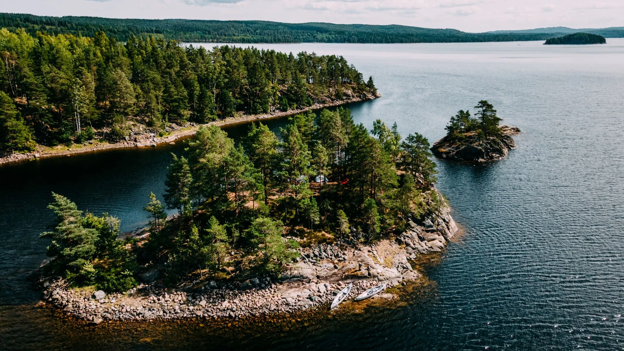 Aerial view of a rocky, pine-covered shore and a small island in a large lake