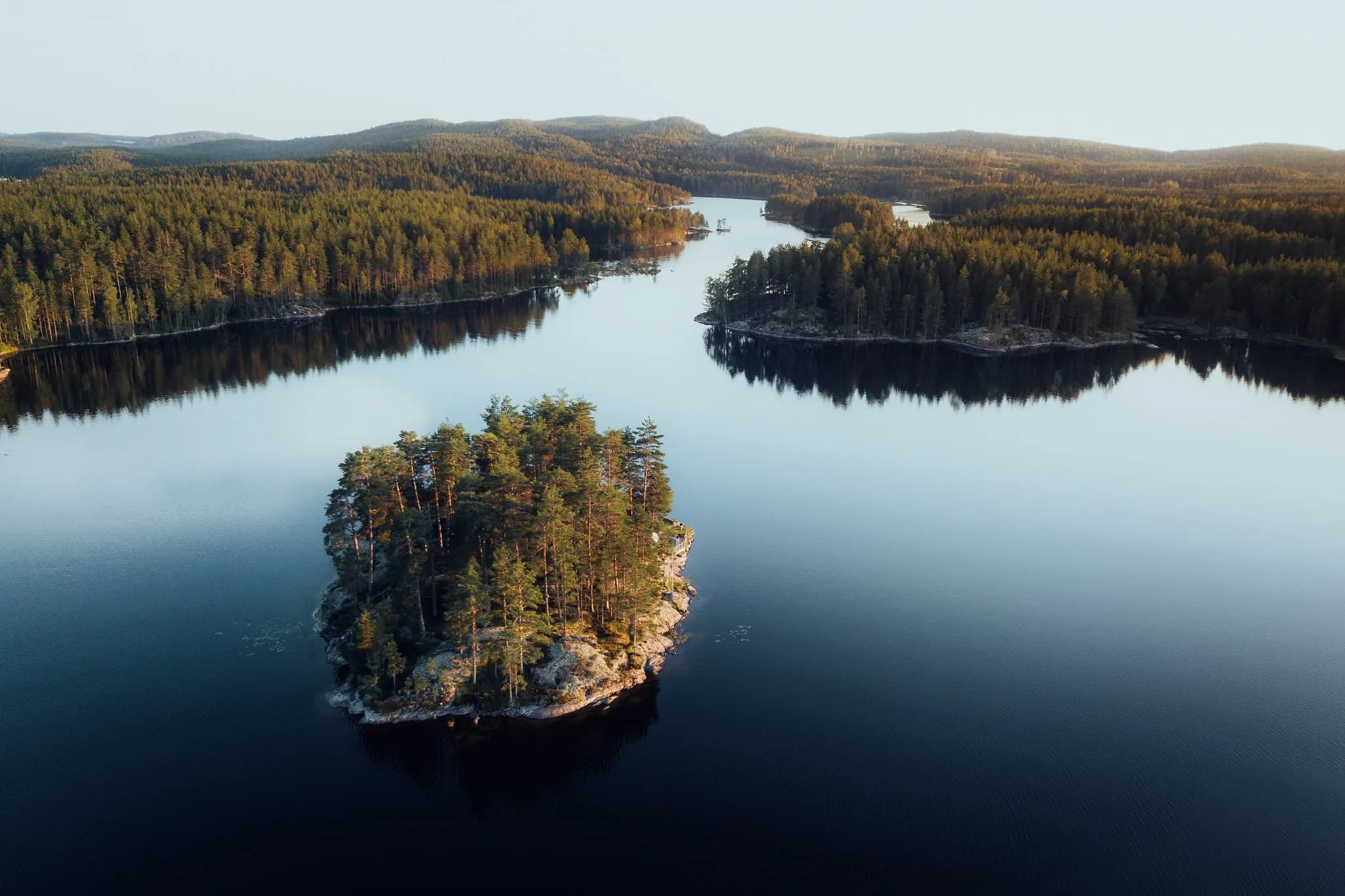 Aerial view of a small rocky island covered in pine trees in a calm lake